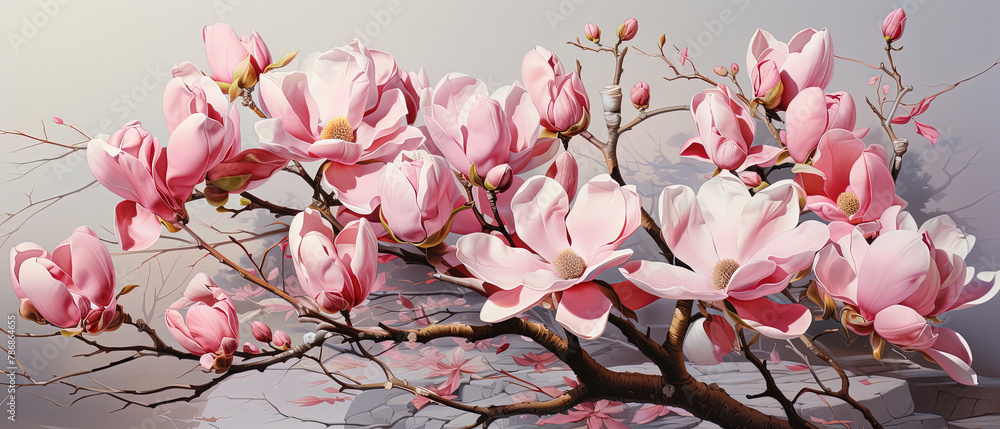 a painting of a tree with pink flowers in it a painting of a tree with pink flowers in it