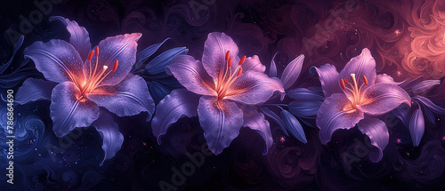 purple flowers with orange centers on a dark background photo