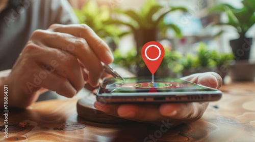 A person using a pin location map app on a smartphone to find the nearest restaurant. photo