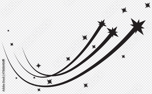 Black falling stars icon. Shooting stars icon vector set. Abstract silhouette of shooting star. Meteorite and comet symbols. Flying comet with tail, falling meteor, abstract galaxy element. eps10