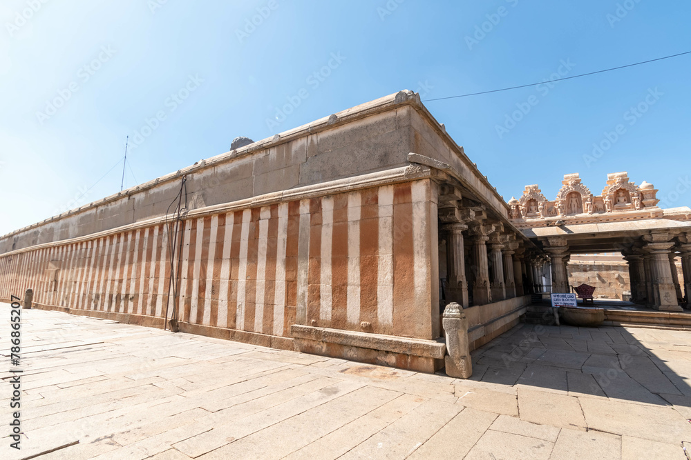 Ancient Pillared Hall at Shravanabelagola Under Clear Blue Sky