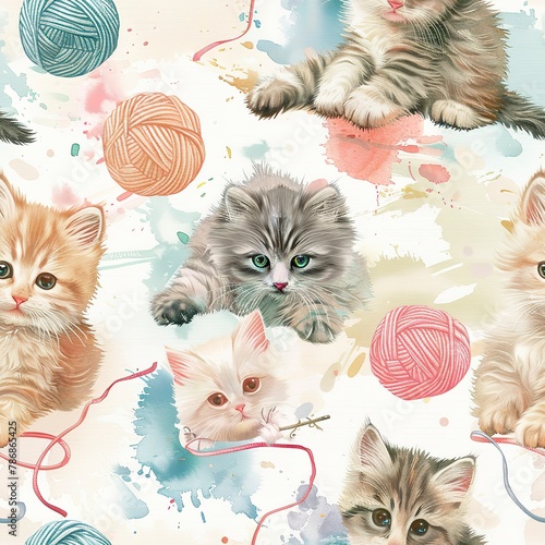 Kittens and yarn balls, playful watercolor, seamless pattern, soft pastels, tangled fun, cozy textures. Seamless Pattern, Fabric Pattern, Tumbler Wrap, Mug Wrap.