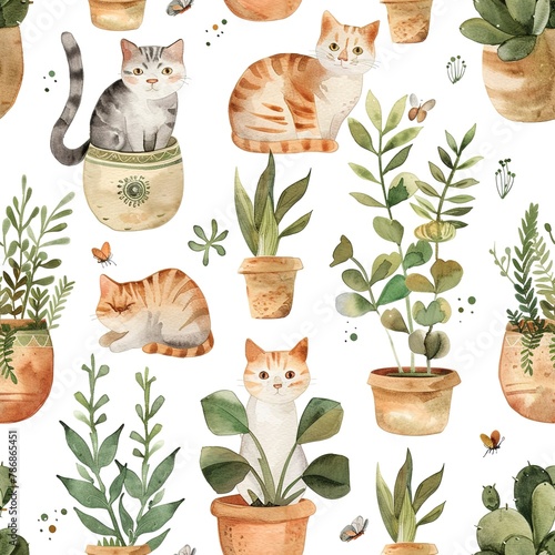 Cats in flower pots, whimsical watercolor, seamless pattern, vibrant greens and earthy browns, hidden surprises, garden adventures. Seamless Pattern, Fabric Pattern, Tumbler Wrap, Mug Wrap. © Thanthara
