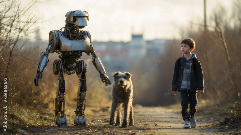 Fototapeta premium Robot boy and dog