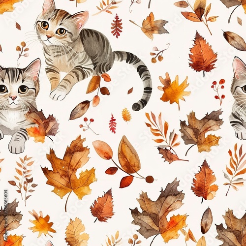 Tabby cats and autumn leaves, seasonal watercolor, seamless pattern, warm oranges and golds, crisp fall vibes.Seamless Pattern, Fabric Pattern, Tumbler Wrap, Mug Wrap.