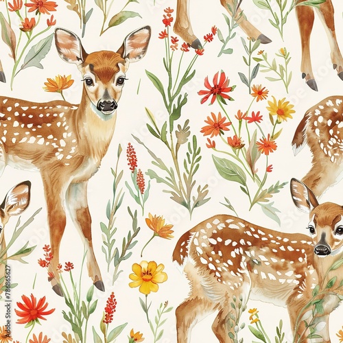 Fawns among wildflowers, gentle watercolor, seamless pattern, vibrant florals, soft fawns, spring meadows. Seamless Pattern, Fabric Pattern, Tumbler Wrap, Mug Wrap.