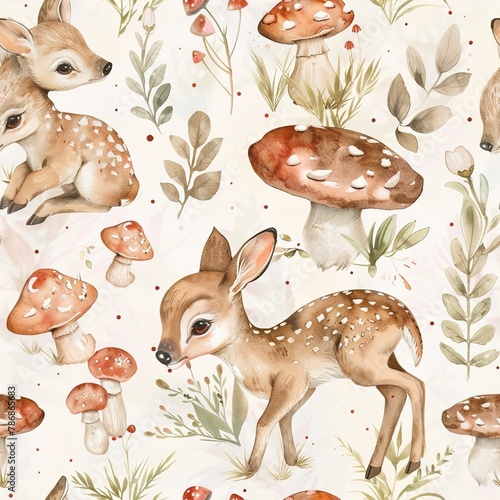 Baby deer and forest mushrooms, whimsical watercolor, seamless pattern, earthy tones, enchanted forests, magical discoveries. Seamless Pattern, Fabric Pattern, Tumbler Wrap, Mug Wrap.