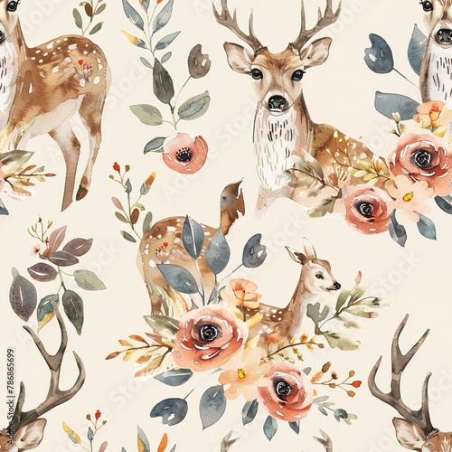 Deer with floral antlers, enchanting watercolor, seamless pattern, blooming colors, natural elegance, forest crowns. Seamless Pattern, Fabric Pattern, Tumbler Wrap, Mug Wrap.