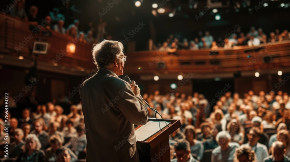 A confident speaker delivering a presentation at a podium in front of a large audience.