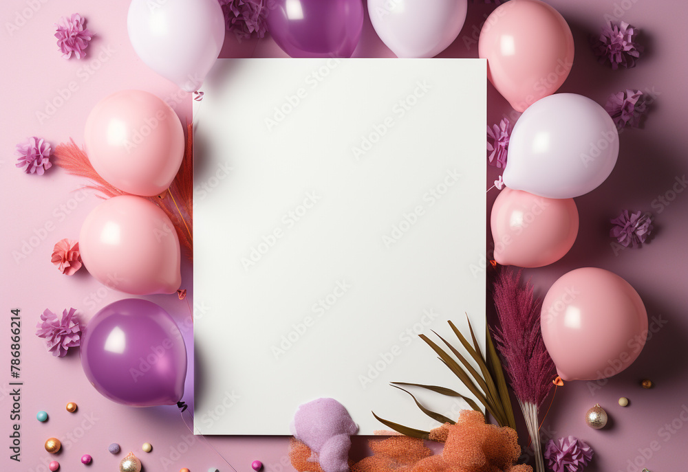 card with balloons or pink balloons on a pink background with copyspace