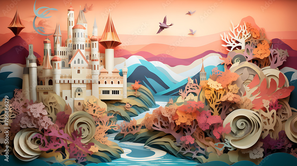 fantasy landscape with layered paper castle fantasy landscape with layered paper castle