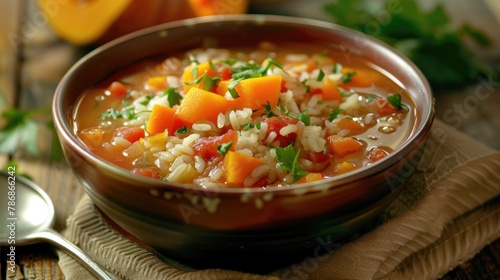 Studio photograph of a hearty vegetable soup made with rice pumpkin and tomatoes