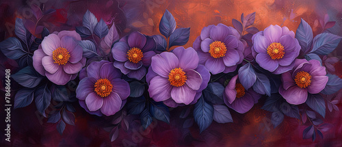 painting of purple flowers with green leaves on a red background photo