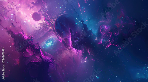 A vivid picture of blue-purple space. A planet and stars glowing in the sky. Pink explosion of a galaxy or planets