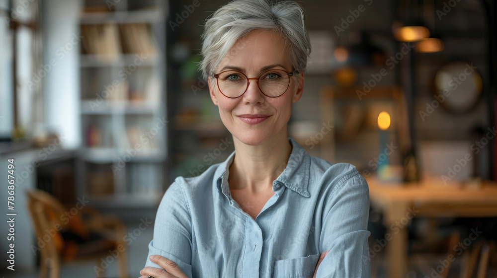 Beautiful short-haired business woman manager wearing blue shirt and glasses standing in modern office with folded hands and smiling at the camera Beautiful short-haired business woman manager wearing blue shirt and glasses standing in modern office with folded hands and smiling at the camera