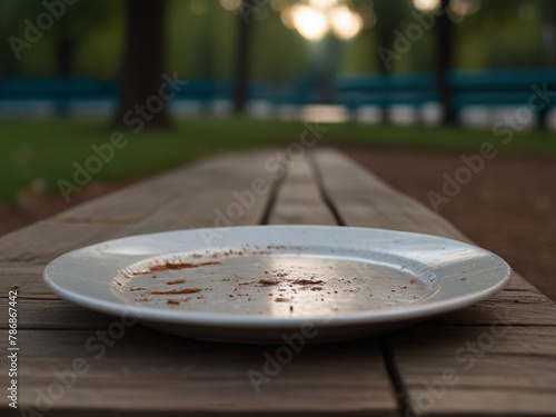 dirty plate on the wooden table at the green park, outdoor area. Copy space. Blur background.