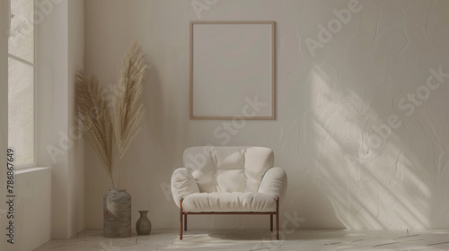 Living room Frame mockup with black loft wall and house plant scene with a chair © Rames studio
