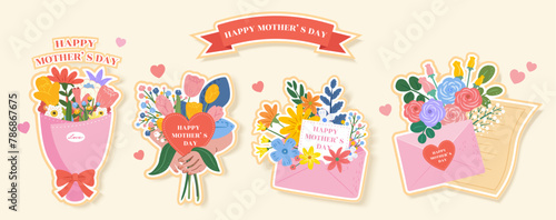 Mothers Day colorful flower bouquet elements isolated on cream white background.