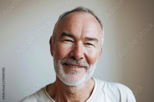 Portrait of a senior man with grey hair and beard smiling.