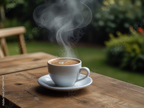 Concept Coffee Cup, Mug, hot drink, espresso, breakfast. close-up natural steam smoke of coffee from hot coffee.  served on wooden table in morning warm on the green garden. outdoor background