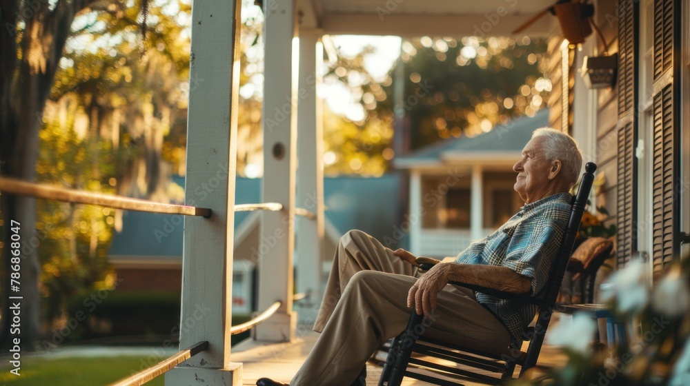 A retiree sitting in a rocking chair on a front porch, reminiscing about their career. 