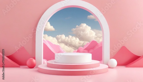 Ethereal Elegance  Pink and White Cylinder Pedestal Amidst Clouds and Arch