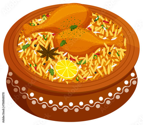 Indian Style Biryani in Mud Handi - Asian Cuisine Vector Illustration 