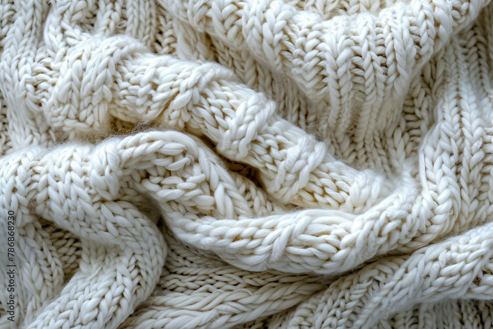 Close-Up Texture of a Cozy Knitted White Woolen Blanket