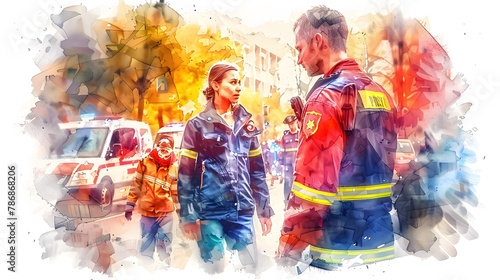 Emergency Service Personnel in Conversation During a Crisis, Enhanced with Watercolor Aesthetics