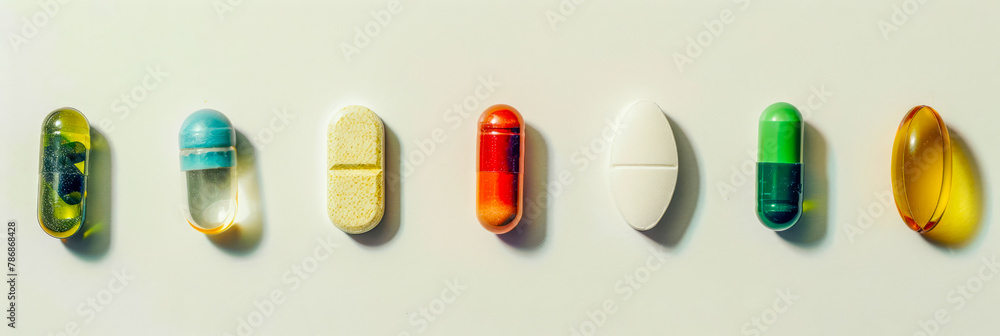 Array of Medicinal Pills in Various Colors and Sizes on White Array of Medicinal Pills in Various Colors and Sizes on White