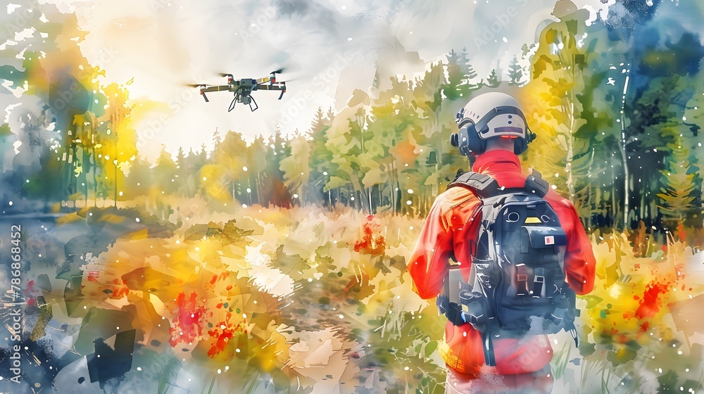Drone operator in helmet and red jacket pilots UAV in autumnal watercolor forest, symbolizing tech in nature Drone operator in helmet and red jacket pilots UAV in autumnal watercolor forest, symbolizing tech in nature