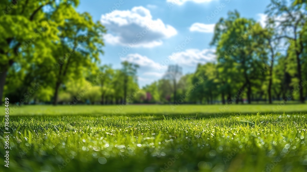 Sunny Spring Day: Green Lawn, Trees, Blue Sky, White Clouds, Beautiful Nature Background Sunny Spring Day: Green Lawn, Trees, Blue Sky, White Clouds, Beautiful Nature Background