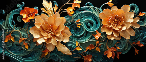 a many flowers that are on a blue and gold vase photo