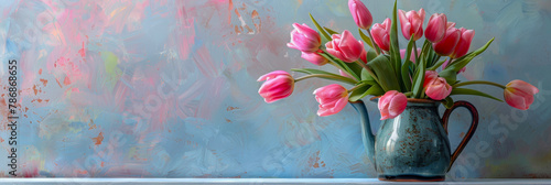 Ceramic jug filled with blooming pink tulips on a white ledge, pastel background #786868655