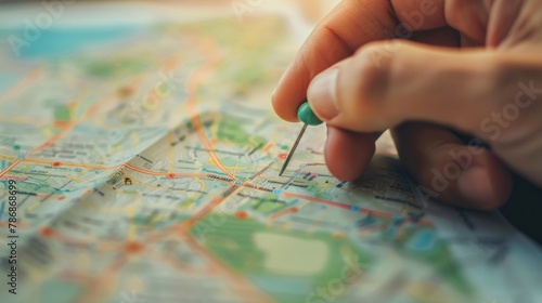 A person holding a pin location map and pointing to a specific area of interest. 