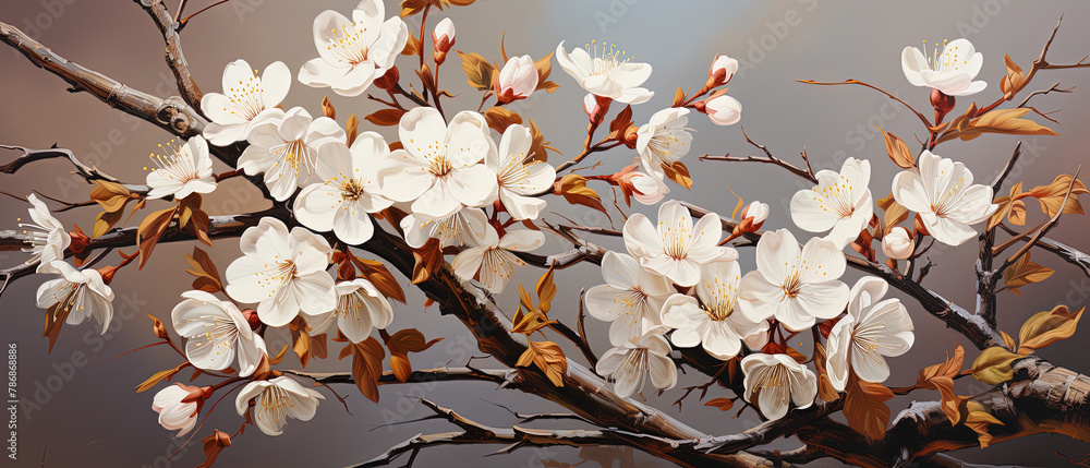 a painting of a branch of a cherry tree with white flowers a painting of a branch of a cherry tree with white flowers