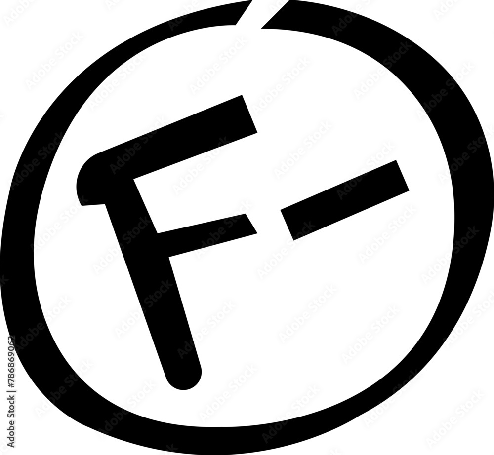 Grade result F icon. Hand drawn vector grade with minus in circle. Examination result sign. Education school graphic black grade icon symbol flat illustration isolated on transparent background. Grade result F icon. Hand drawn vector grade with minus in circle. Examination result sign. Education school graphic black grade icon symbol flat illustration isolated on transparent background.