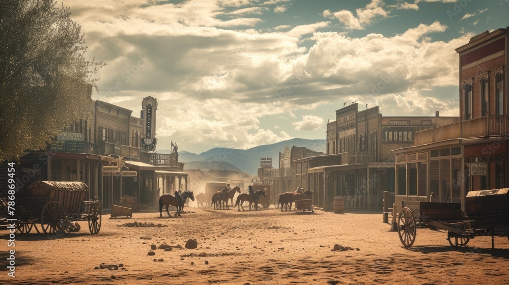 Φωτογραφία A captivating scene of a Western town at sunset, featuring horse-drawn carriages and vintage storefronts bathed in a dusty golden light