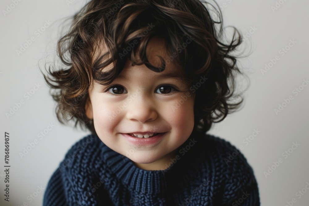 Portrait of a little boy with curly hair in a blue knitted sweater Portrait of a little boy with curly hair in a blue knitted sweater