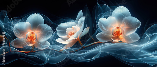 a three white flowers with orange centers on a black background photo
