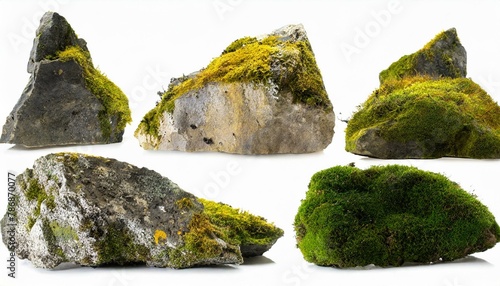 Set of moss-covered rocks cut out White background.