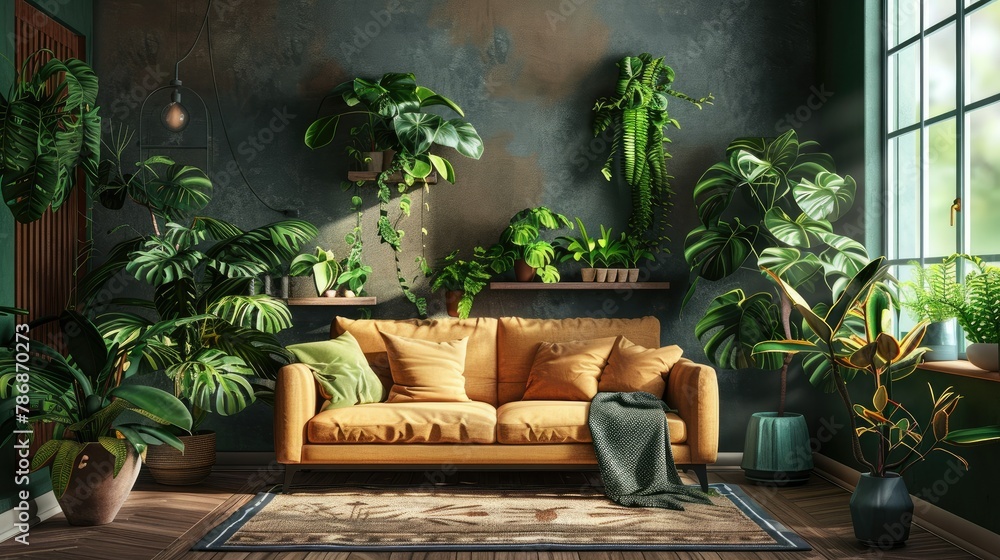 Tropical Indoor Plant Oasis with Cozy White Couch
