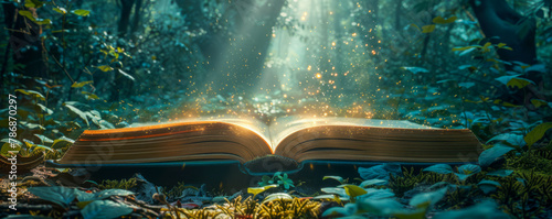 Enchanted Open Book Radiating Magical Golden Light in Fores