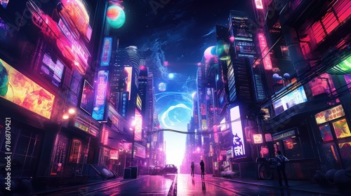 A cyberpunk-inspired cityscape at night  illuminated by neon signs and lights  with futuristic cars traversing the vividly colored streets. Resplendent.