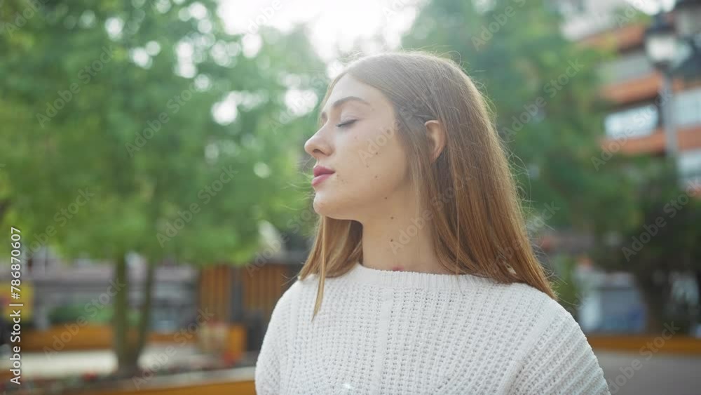 Contemplative young woman outdoors in a serene park setting, bathed in soft sunlight. Contemplative young woman outdoors in a serene park setting, bathed in soft sunlight.