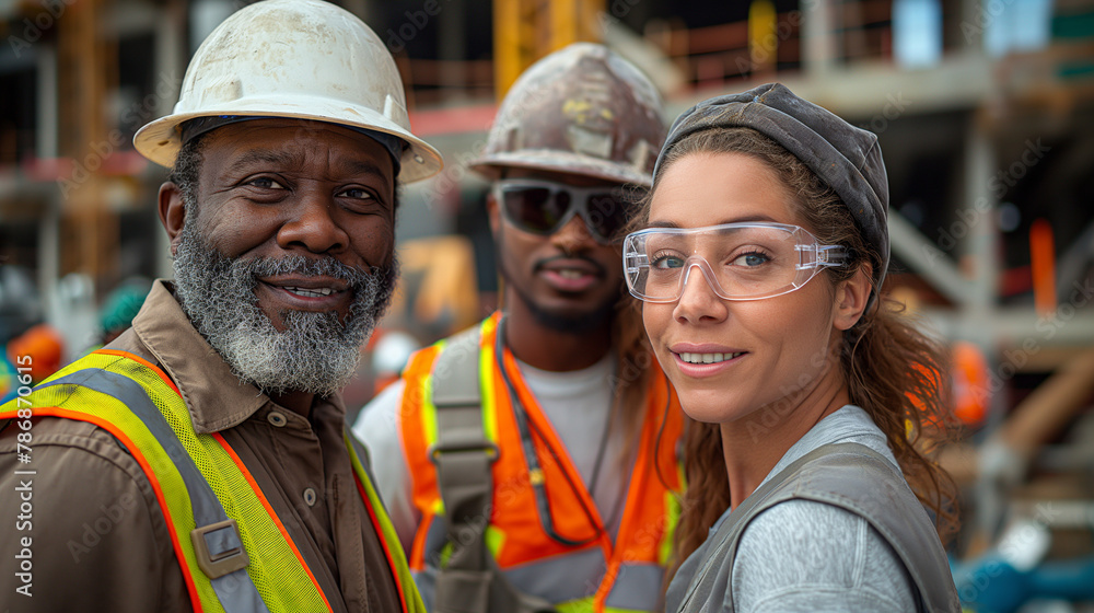 A group of three construction workers standing in front of an industrial construction site A group of three construction workers standing in front of an industrial construction site