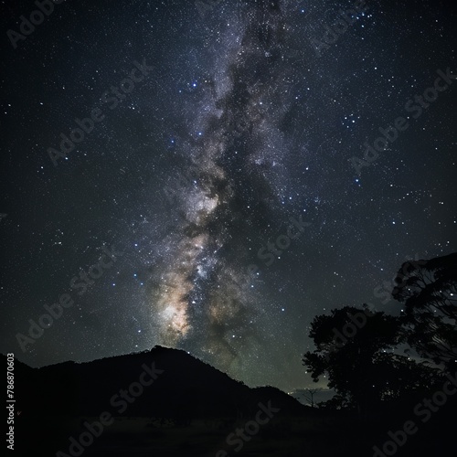 The milky way stretches across the sky above a mountain range.