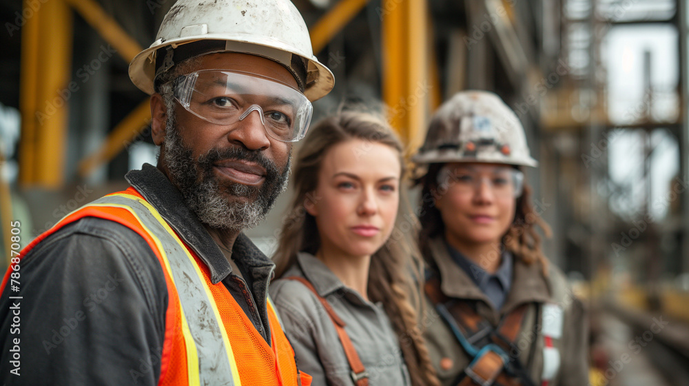 A group of three construction workers standing in front of an industrial construction site A group of three construction workers standing in front of an industrial construction site