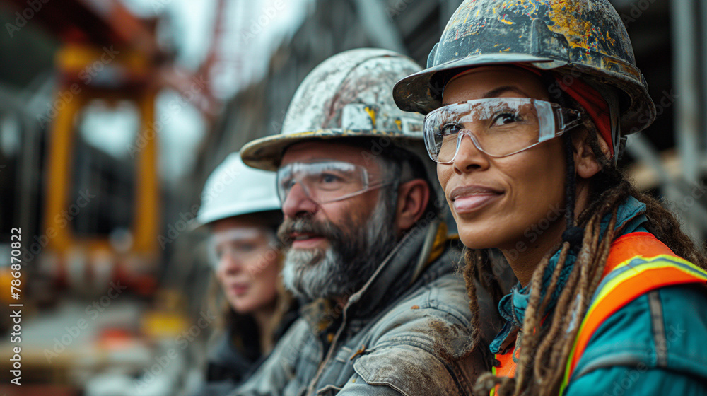 A group of three construction workers standing in front of an industrial construction site A group of three construction workers standing in front of an industrial construction site