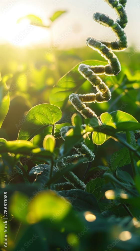 A close-up of a plant with spiraling tendrils reaching towards the sun. A close-up of a plant with spiraling tendrils reaching towards the sun.